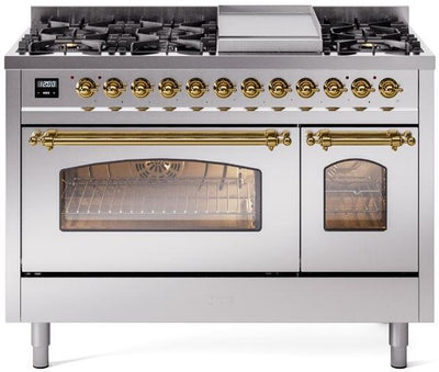 Nostalgie II 48 Inch Dual Fuel Natural Gas Freestanding Range in Stainless Steel with Brass Trim