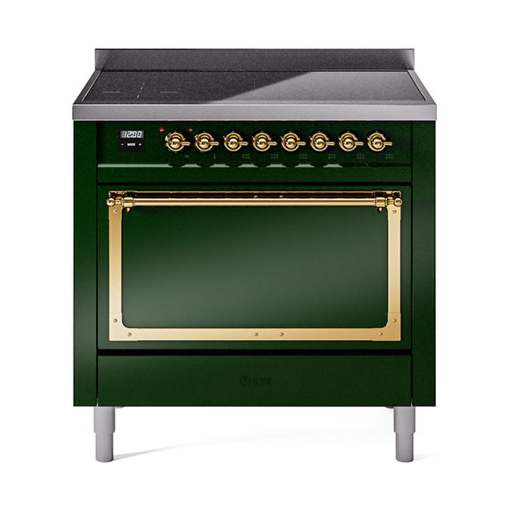 ILVE UNI366QNMPEGG Nostalgie II Noblesse 36 inch Induction Range (Solid Door, Emerald Green, Brass)