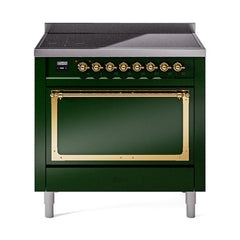 ILVE UNI366QNMPEGG Nostalgie II Noblesse 36 inch Induction Range (Solid Door, Emerald Green, Brass)