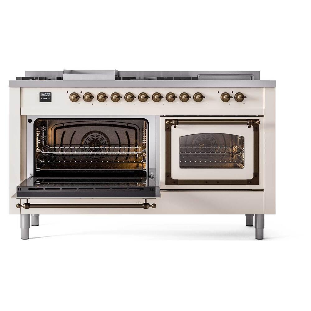 ILVE UN60FSNMPAWBLP Nostalgie II Noblesse 60 inch Dual Fuel Range (7 Sealed Burners + Griddle + French Top, Liquid Propane, Triple Glass Door, Antique White, Burnished)