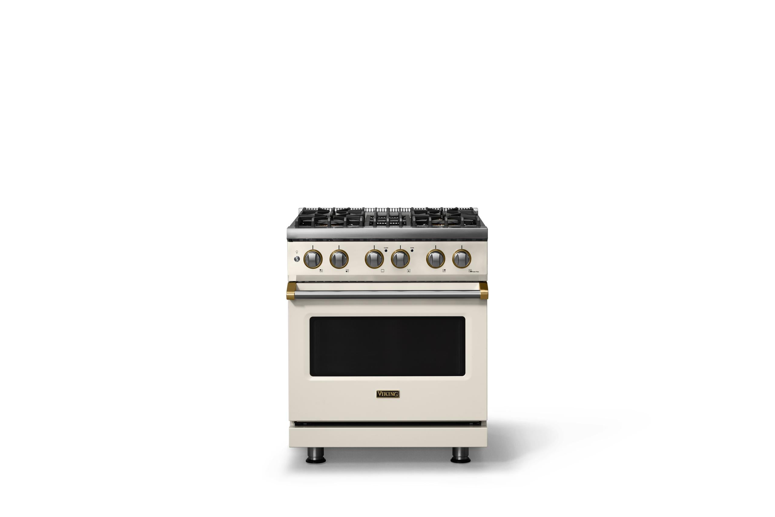 30"W. Dual Fuel Range (Finish: Pure White, Trim: Brushed Brass, Fuel: Propane)