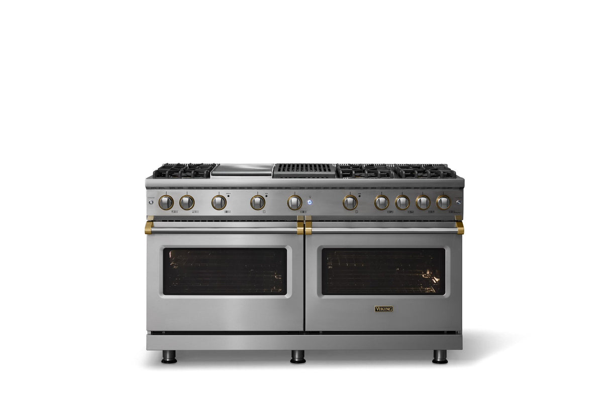 60"W. Sealed Burner Gas Range (Finish: Stainless Steel, Trim: Brushed Brass, Fuel: Natural Gas)