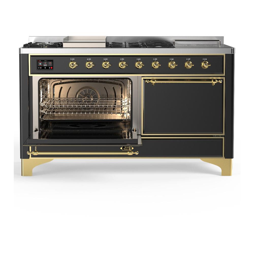ILVE UM60FSQNR3MGGLP Majestic III 60 inch Dual Fuel Range with 7 Burners, Griddle and French Top, Dual Function Burner with up to 25,000 BTU (Liquid Propane, Solid Door, Graphite Matte, Brass)