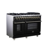 Forno Massimo 48 Inch Freestanding Dual Fuel Range in Black with Antique Brass Accessories, 8 Burners, 6.58 cu. ft. Convection Oven