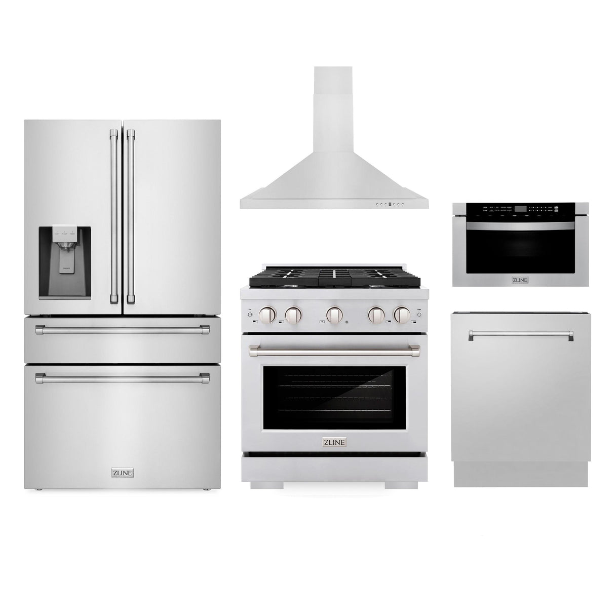 ZLINE Kitchen Package with Water and Ice Dispenser Refrigerator, 30" Gas Range, 30" Range Hood, Microwave Drawer, and 24" Tall Tub Dishwasher (5KPRW-SGRRH30-MWDWV)