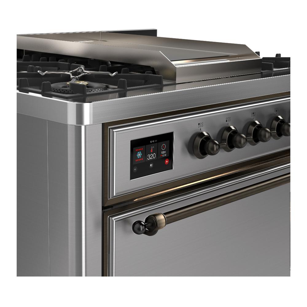 ILVE UM36FQNR3SSBLP Majestic III 36 inch Dual Fuel Range with 6 Black Brass Burners and Griddle, Dual Function Burner up to 25,000 BTU (Solid Door, Stainless Steel, Burnished, Liquid Propane)