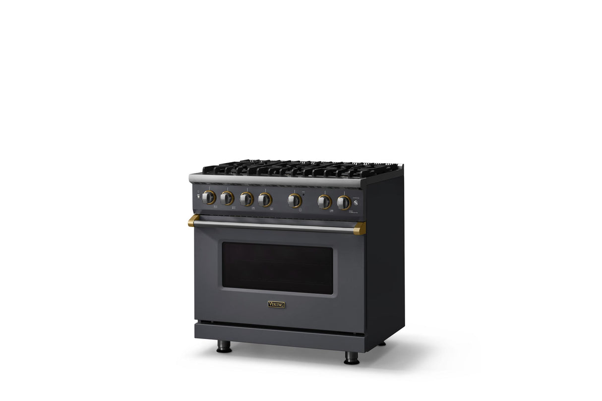 36"W. Sealed Burner Gas Range (Burner: 6b, Finish: Cast Black, Trim: Brushed Brass, Fuel: Propane)