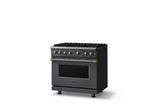 36"W. Sealed Burner Gas Range (Burner: 6b, Finish: Cast Black, Trim: Brushed Brass, Fuel: Propane)