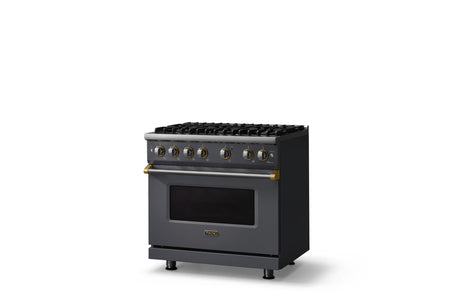 36"W. Sealed Burner Gas Range (Burner: 6b, Finish: Cast Black, Trim: Brushed Brass, Fuel: Propane)