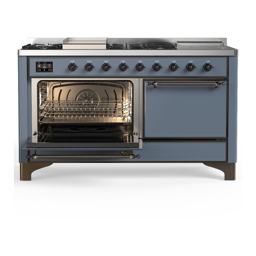 ILVE UM60FSQNR3BGB Majestic III 60 inch Dual Fuel Range with 7 Burners, Griddle and French Top, Dual Function Burner with up to 25,000 BTU (Natural Gas, Solid Door, Blue Grey, Burnished)