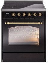 Nostalgie II 30 Inch Electric Freestanding Range in Glossy Black with Brass Trim