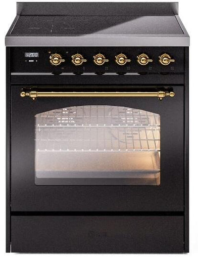 Nostalgie II 30 Inch Electric Freestanding Range in Glossy Black with Brass Trim