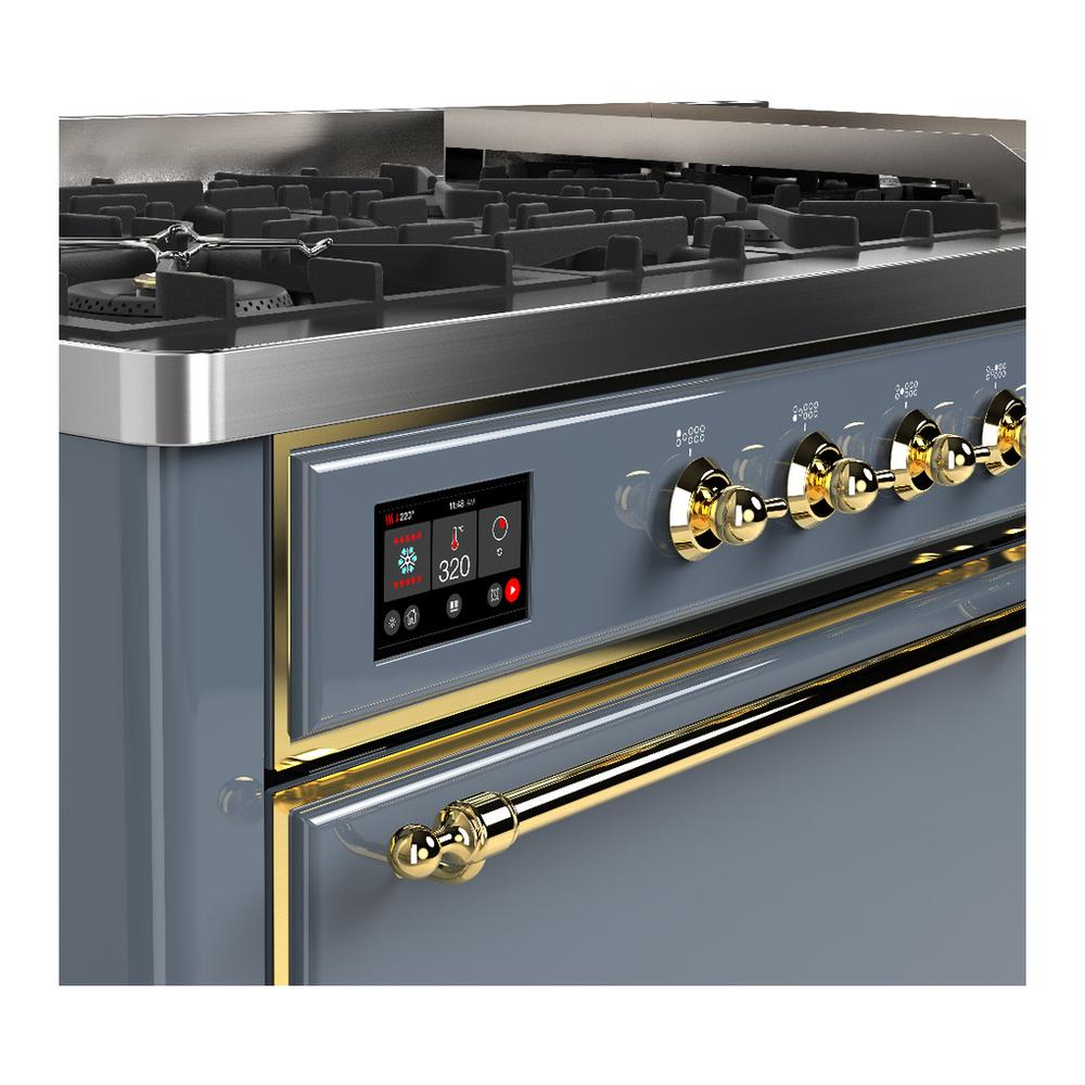 ILVE UM60FQNR3BGGLP Majestic III 60 inch Dual Fuel Range with 9 Burners and Griddle, Dual Function Burner up to 25,000 BTU (Liquid Propane, Solid Door, Blue Grey, Brass)