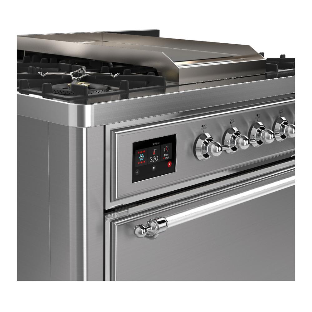 ILVE UM36FQNR3SSCLP Majestic III 36 inch Dual Fuel Range with 6 Black Brass Burners and Griddle, Dual Function Burner up to 25,000 BTU (Solid Door, Stainless Steel, Chrome, Liquid Propane)