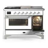 ILVE UM48FSNR3WHCLP Majestic III 48 inch Dual Fuel Range with 5 Black Brass Burners, Griddle and French Top, Dual Function Burner up to 25,000 BTU (Liquid Propane, Triple Glass Door, White, Chrome)
