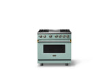 36"W. Dual Fuel Range (Burner: 4g, Finish: Splash, Trim: Brushed Brass, Fuel: Propane)