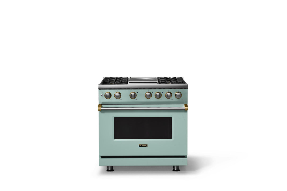 36"W. Dual Fuel Range (Burner: 4g, Finish: Splash, Trim: Brushed Brass, Fuel: Natural Gas)
