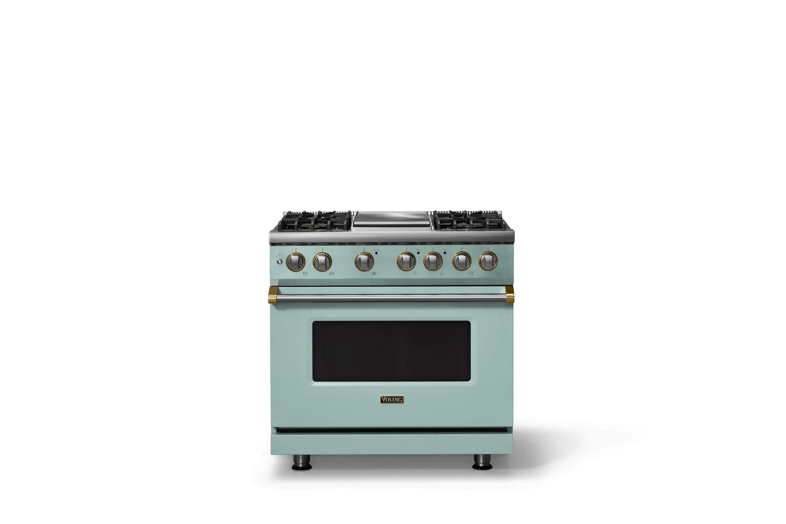 36"W. Dual Fuel Range (Burner: 4g, Finish: Splash, Trim: Brushed Brass, Fuel: Natural Gas)