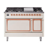 ILVE UN48FQNMPAWPLP Nostalgie II Noblesse 48 inch Dual Fuel Range (8 Sealed Burners + Griddle, Liquid Propane, Solid Door, Antique White, Copper)
