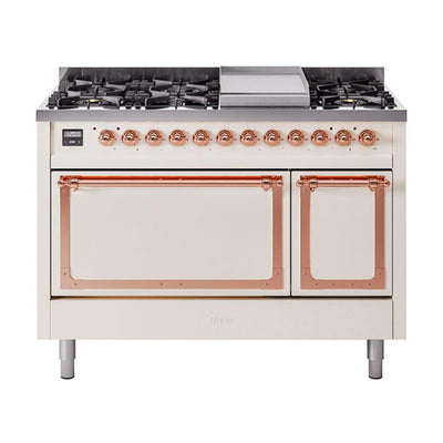 ILVE UN48FQNMPAWPLP Nostalgie II Noblesse 48 inch Dual Fuel Range (8 Sealed Burners + Griddle, Liquid Propane, Solid Door, Antique White, Copper)