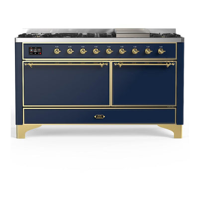 ILVE UM60FQNR3MBG Majestic III 60 inch Dual Fuel Range with 9 Burners and Griddle, Dual Function Burner up to 25,000 BTU (Natural Gas, Solid Door, Midnight Blue, Brass)