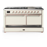 ILVE UM60FQNR3AWP Majestic III 60 inch Dual Fuel Range with 9 Burners and Griddle, Dual Function Burner up to 25,000 BTU (Natural Gas, Solid Door, Antique White, Copper)