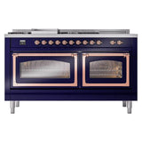 ILVE UN60FSNMPMBPLP Nostalgie II Noblesse 60 inch Dual Fuel Range (7 Sealed Burners + Griddle + French Top, Liquid Propane, Triple Glass Door, Midnight Blue, Copper)