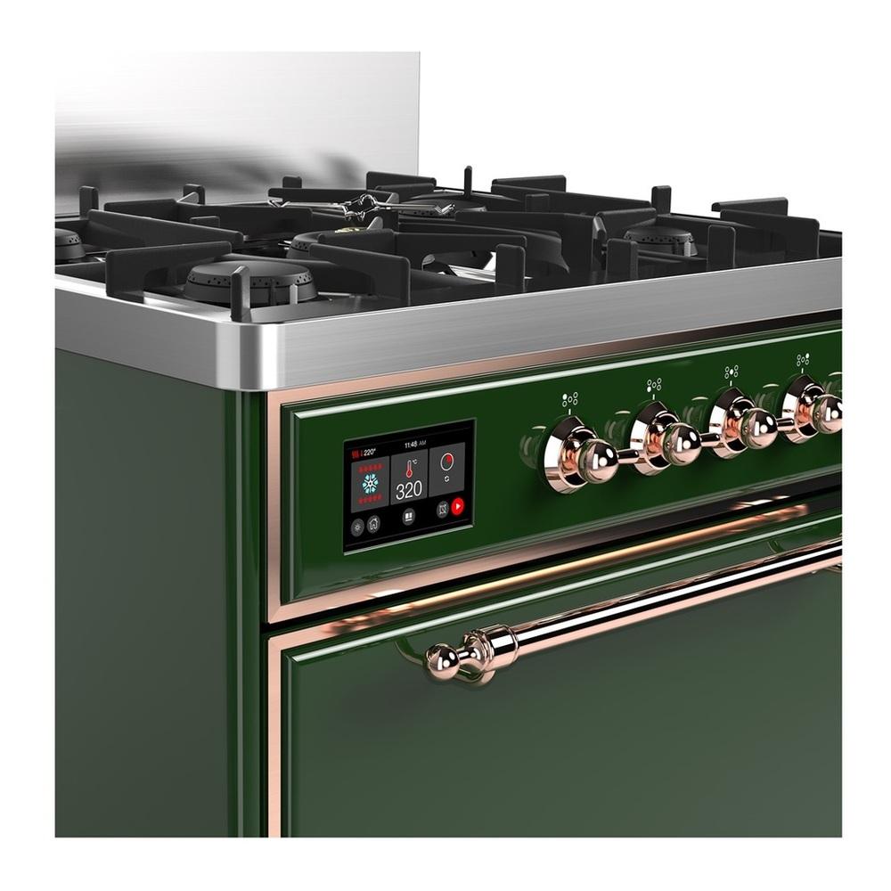 ILVE UM30QNR3EGP Majestic III 30 inch Dual Fuel Range with 5 Black Brass Burners, Dual Function Burner up to 25,000 BTU (Natural Gas, Solid Door, Emerald Green, Copper)