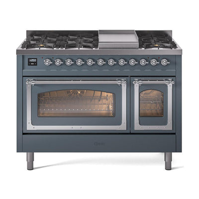 ILVE UN48FNMPBGCLP Nostalgie II Noblesse 48 inch Dual Fuel Range (8 Sealed Burners + Griddle, Liquid Propane, Triple Glass Door, Blue Grey, Chrome)