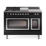 ILVE UN48FSNMPBKCLP Nostalgie II Noblesse 48 inch Dual Fuel Range (5 Sealed Burners + Griddle + French Top, Liquid Propane, Triple Glass Door, Glossy Black, Chrome)