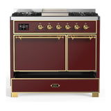 ILVE UMD40FQNR3BUG Majestic III 40 inch Dual Fuel Range with 6 Burners and Griddle, Dual Function Burner up to 25,000 BTU (Natural Gas, Solid Door, Burgundy, Brass)