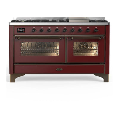 ILVE UM60FNR3BUBLP Majestic III 60 inch Dual Fuel Range with 9 Burners and Griddle, Dual Function Burner up to 25,000 BTU (Liquid Propane, Triple Glass Door, Burgundy, Burnished)