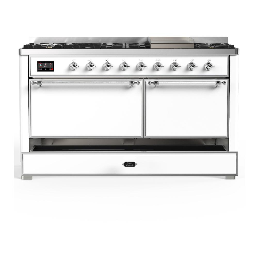 ILVE UM60FQNR3WHC Majestic III 60 inch Dual Fuel Range with 9 Burners and Griddle, Dual Function Burner up to 25,000 BTU (Natural Gas, Solid Door, White, Chrome)