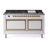 ILVE UN60FQNMPWHGLP Nostalgie II Noblesse 60 inch Dual Fuel Range (9 Sealed Burners + Griddle, Liquid Propane, Solid Door, White, Brass)