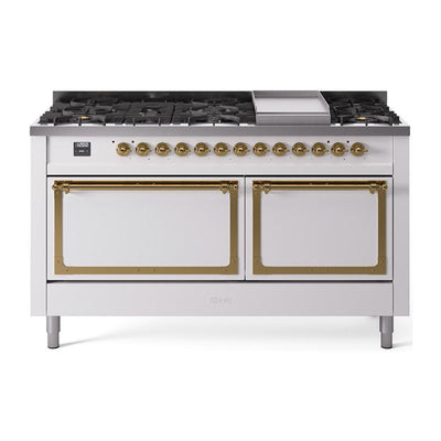 ILVE UN60FQNMPWHGLP Nostalgie II Noblesse 60 inch Dual Fuel Range (9 Sealed Burners + Griddle, Liquid Propane, Solid Door, White, Brass)