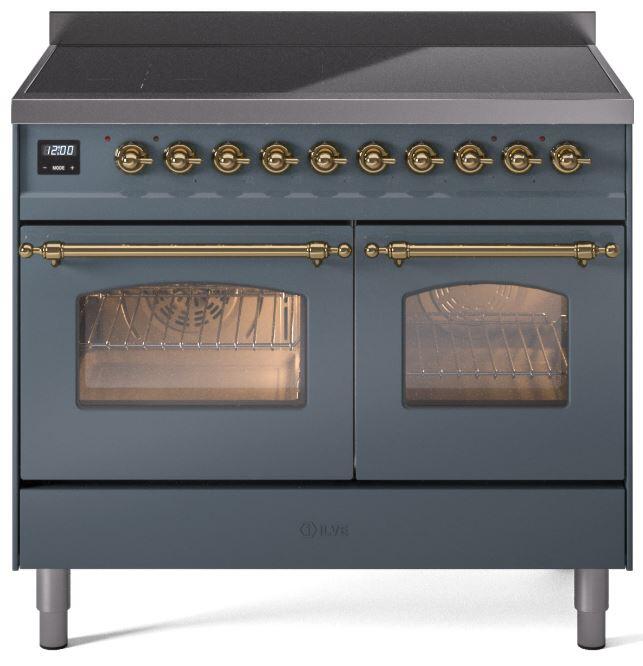 Nostalgie II 40 Inch Electric Freestanding Range in Blue Grey with Brass Trim
