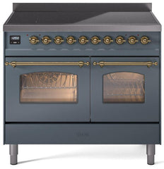 Nostalgie II 40 Inch Electric Freestanding Range in Blue Grey with Brass Trim