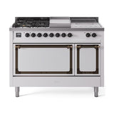 ILVE UN48FSQNMPWHBLP Nostalgie II Noblesse 48 inch Dual Fuel Range (5 Sealed Burners + Griddle + French Top, Liquid Propane, Solid Door, White, Burnished)