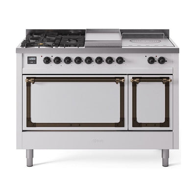 ILVE UN48FSQNMPWHBLP Nostalgie II Noblesse 48 inch Dual Fuel Range (5 Sealed Burners + Griddle + French Top, Liquid Propane, Solid Door, White, Burnished)
