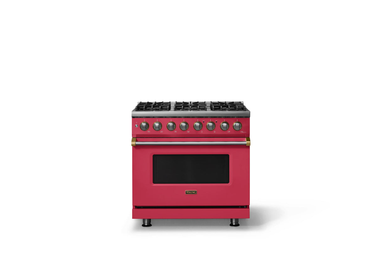 36"W. Dual Fuel Range (Burner: 6b, Finish: Valentine, Trim: Brushed Brass, Fuel: Natural Gas)