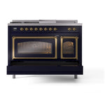 ILVE UN48FSNMPMBG Nostalgie II Noblesse 48 inch Dual Fuel Range (5 Sealed Burners + Griddle + French Top, Natural Gas, Triple Glass Door, Midnight Blue, Brass)
