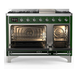 ILVE UM48FNR3EGCLP Majestic III 48 inch Dual Fuel Range with 8 Burners and Griddle, Dual Function Burner up to 25,000 BTU (Liquid Propane, Triple Glass Door, Emerald Green, Chrome)