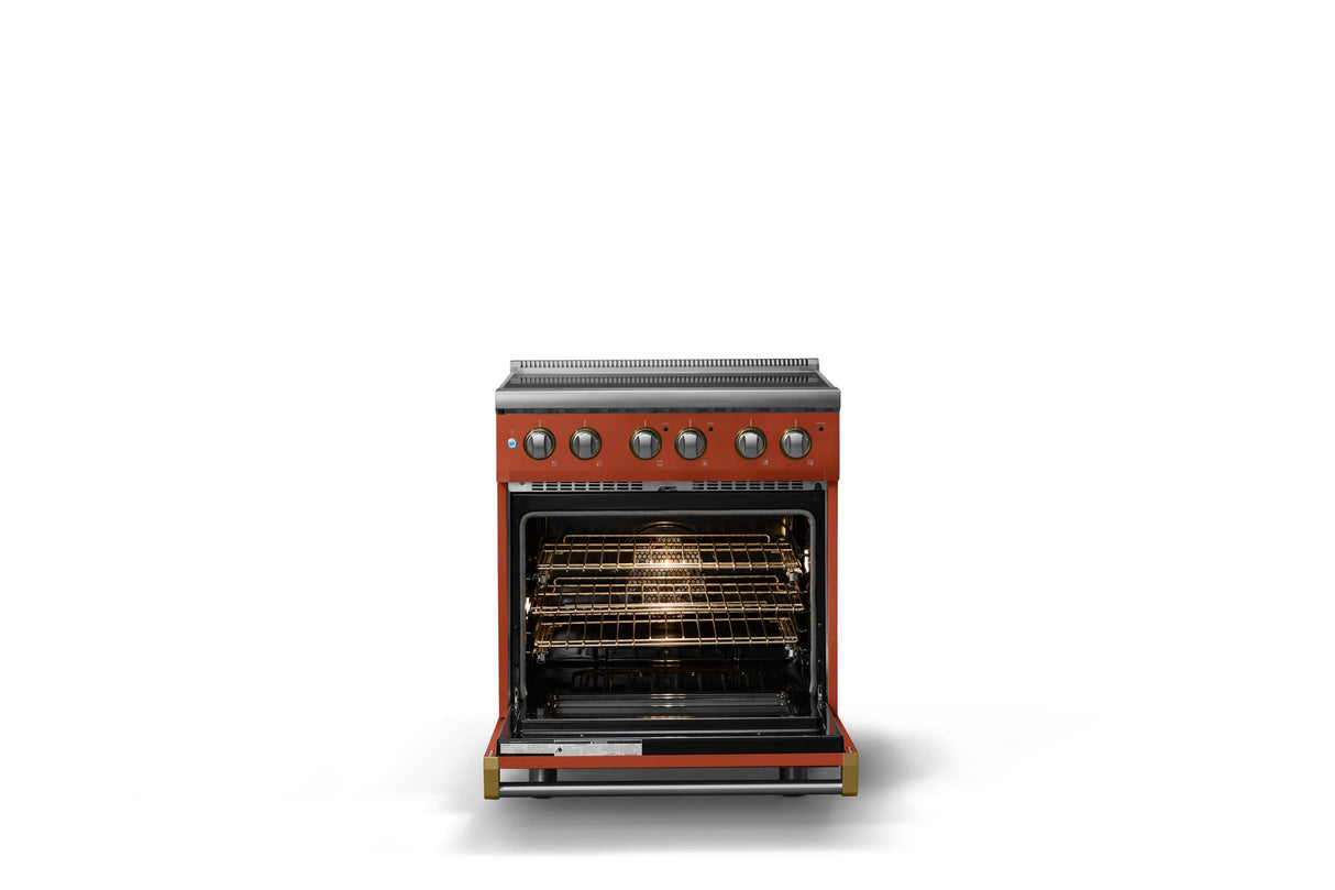 30"W. Electric Range (Finish: Spiced Cider, Trim: Brushed Brass)