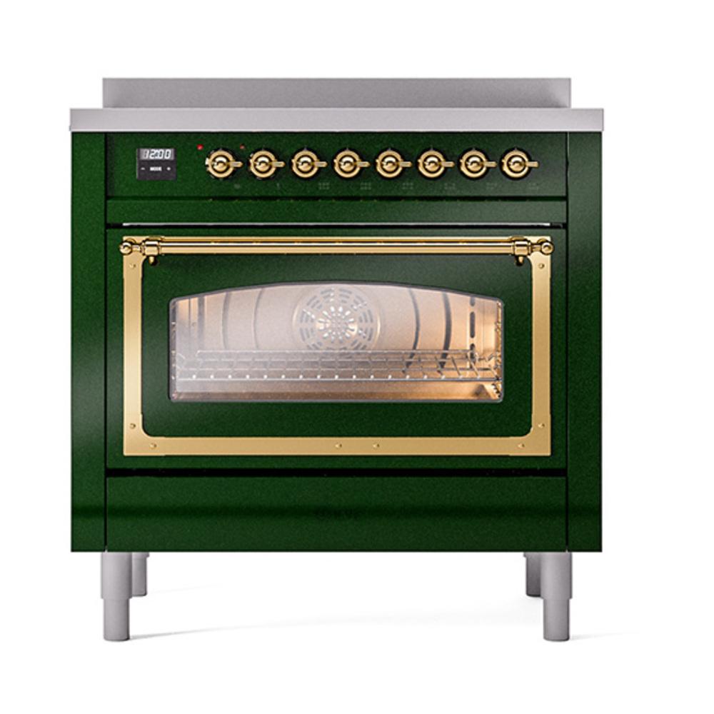 ILVE UNI366NMPEGG Nostalgie II Noblesse 36 inch Induction Range (Triple Glass Door, Emerald Green, Brass)