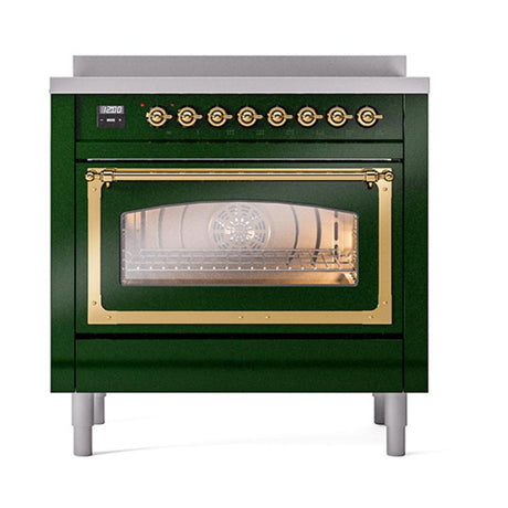 ILVE UNI366NMPEGG Nostalgie II Noblesse 36 inch Induction Range (Triple Glass Door, Emerald Green, Brass)