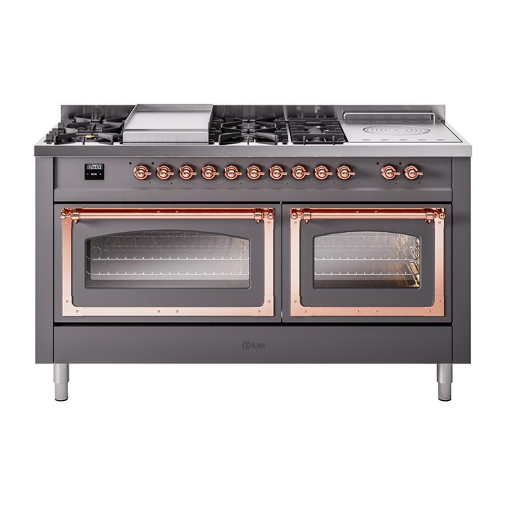 ILVE UN60FSNMPMGPLP Nostalgie II Noblesse 60 inch Dual Fuel Range (7 Sealed Burners + Griddle + French Top, Liquid Propane, Triple Glass Door, Graphite Matte, Copper)