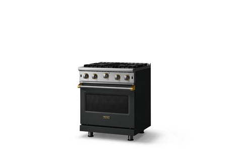 30"W. Open Burner Gas Range (Finish: Antique Bronze, Trim: Brushed Brass, Fuel: Natural Gas)
