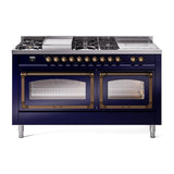 ILVE UN60FSNMPMBB Nostalgie II Noblesse 60 inch Dual Fuel Range (7 Sealed Burners + Griddle + French Top, Natural Gas, Triple Glass Door, Midnight Blue, Burnished)