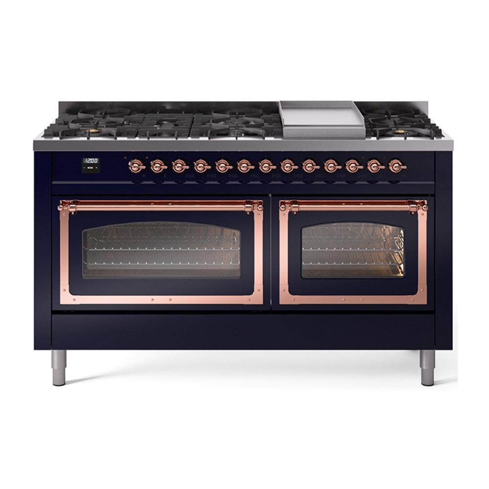 ILVE UN60FNMPMBP Nostalgie II Noblesse 60 inch Dual Fuel Range (9 Sealed Burners + Griddle, Natural Gas, Triple Glass Door, Midnight Blue, Copper)