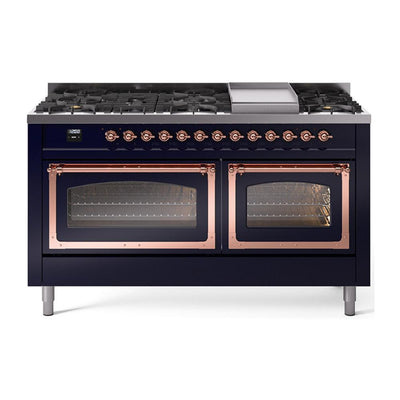 ILVE UN60FNMPMBP Nostalgie II Noblesse 60 inch Dual Fuel Range (9 Sealed Burners + Griddle, Natural Gas, Triple Glass Door, Midnight Blue, Copper)
